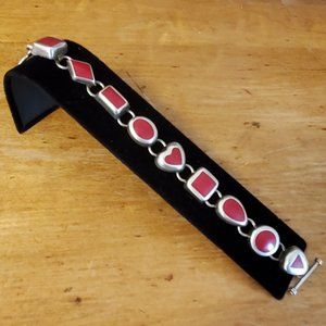 Stunning Vintage 925 Mexico Red Heart and Shapes Bracelet 7 1/4"